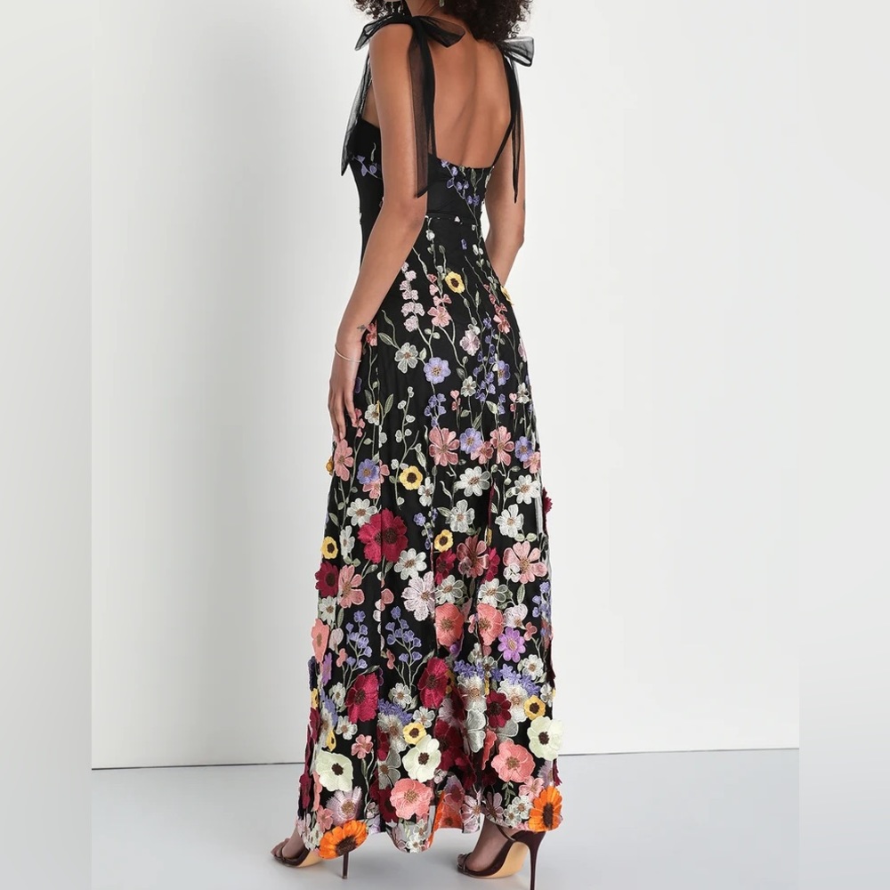 Lulus Thriving Poise Black 3D Floral Embroidered Tie-Strap Maxi Dress - Picture 2 of 2